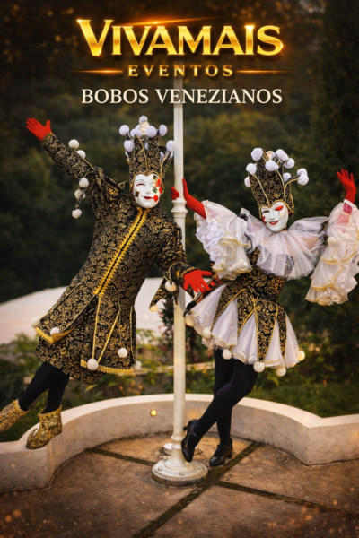 Bobos Venezianos – Casal com figurino barroco veneziano para festas de 15 anos e casamentos em São Paulo