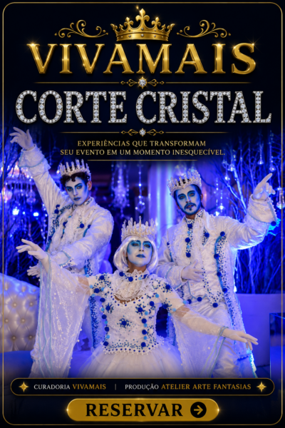 Corte Cristal artistas em figurinos premium brancos e azuis para eventos