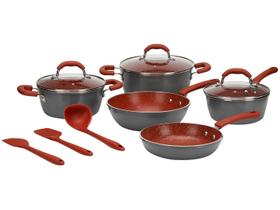 jogo de panelas brinox revestimento cerâmico de alumínio vermelho e cinza 8 peças ceramic life select