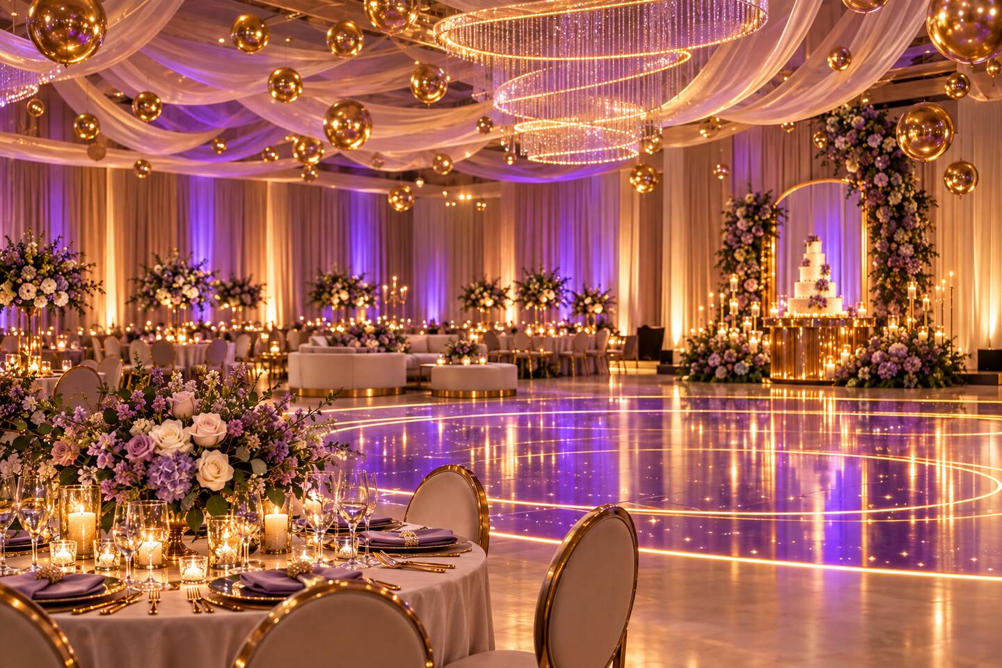 Festa de 15 Anos Sem Valsa: Como Manter a Noite Marcante com Atrações Modernas Salão de festa de 15 anos com pista de dança de LED roxa e dourada, decoração marfim com flores lilases