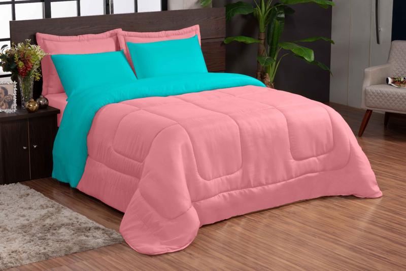 Jogo De Cama Queen Dupla Face 05 PCS Verde Rosa - Theo Vitex Jogo De Cama Queen Dupla Face 05 PCS Verde Rosa - Theo Vitex