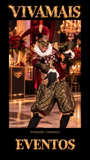 Baile de Máscaras — artista com fantasia de arlequim e máscara veneziana para festas e eventos VivaMais