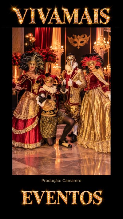Baile de Máscaras — quarteto com 4 personagens de máscaras venezianas VivaMais