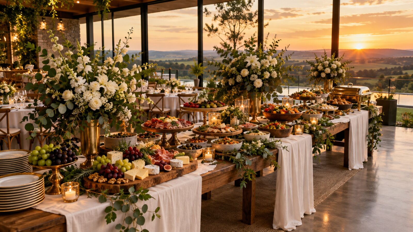Buffet para Casamento em Campinas: Como Escolher Sem Errar Mesa de buffet de casamento elegante em Campinas com toalha branca, detalhes dourados e flores