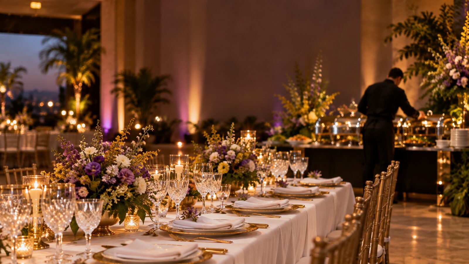Estação de buffet de casamento elegante com toalha branca, louças douradas e arranjos florais