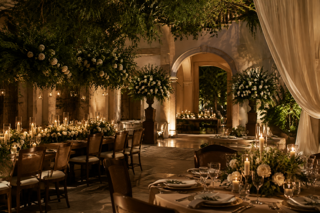 Recepção de casamento com luz de velas e detalhes em verde profundo