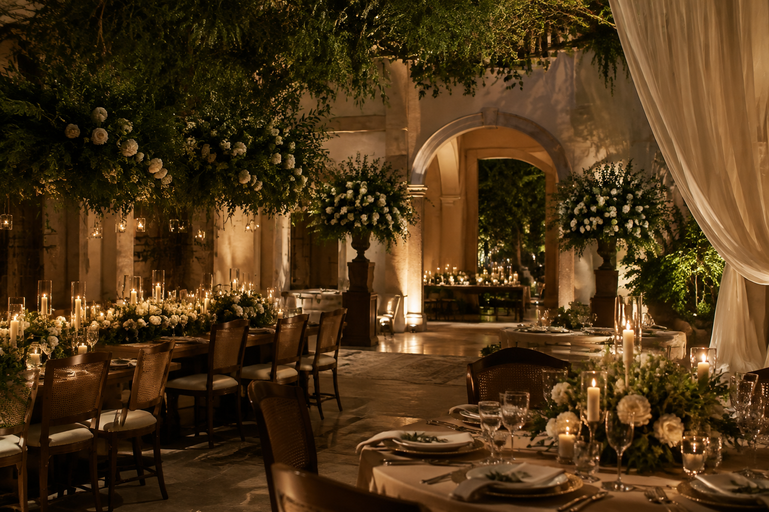 Entrada dos noivos: como criar o momento mais esperado da festa Recepção de casamento elegante com velas e flores, pronta para a entrada dos noivos