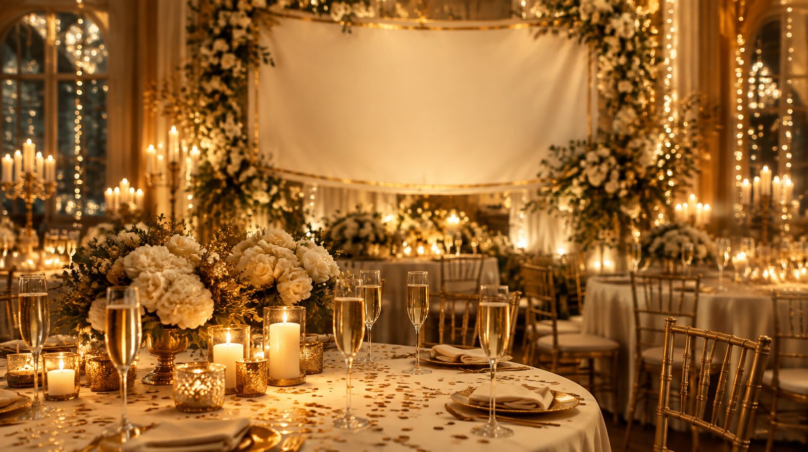 Festa Surpresa de Bodas de Casamento: Como Planejar o Momento Inesquecível Salão de festa surpresa de bodas de casamento decorado em dourado e marfim, taças de espumante e velas