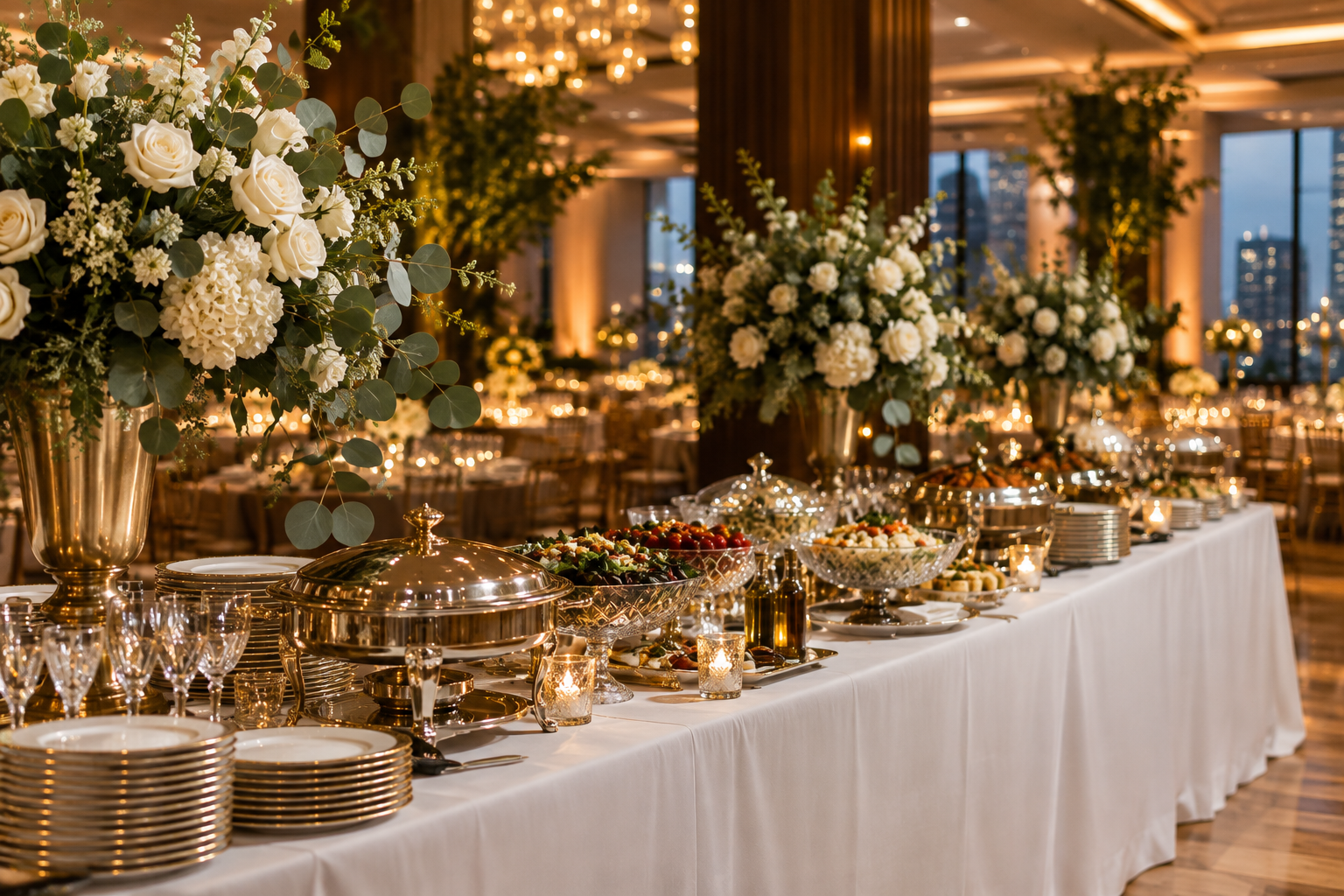 Mesa de buffet de casamento elegante com toalha branca, louças douradas e arranjos florais em salão iluminado de São Paulo
