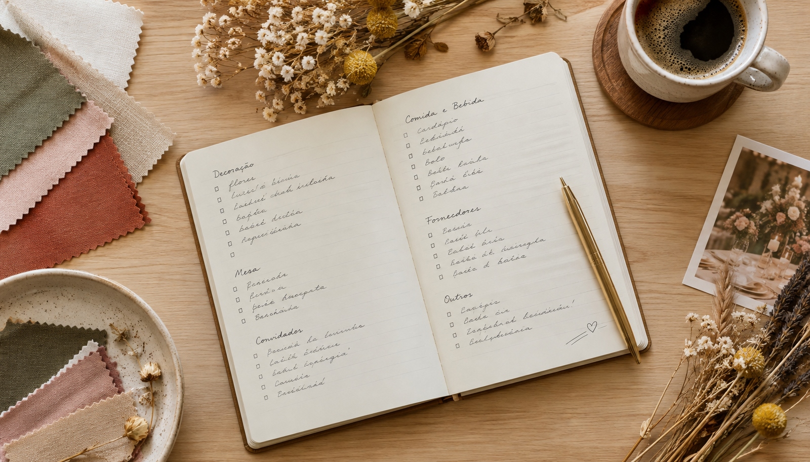 Checklist de casamento: a organização passo a passo, do "sim" ao altar Planejamento do casamento: caderno com checklist e detalhes de decoração