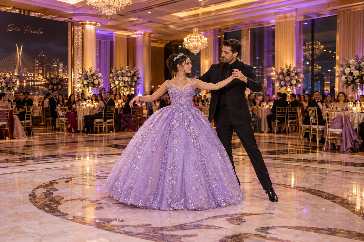 Coreógrafo para Festa de 15 Anos: Valsa, Surpresa e uma Pista Inesquecível Debutante ensaiando a valsa com coreógrafo em salão de festa de 15 anos luxuoso com iluminação dourada e lilás