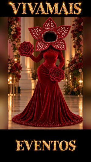 Demogorgon Chique — personagem de terror elegante em vestido de veludo vermelho com flor na cabeça para eventos temáticos VivaMais