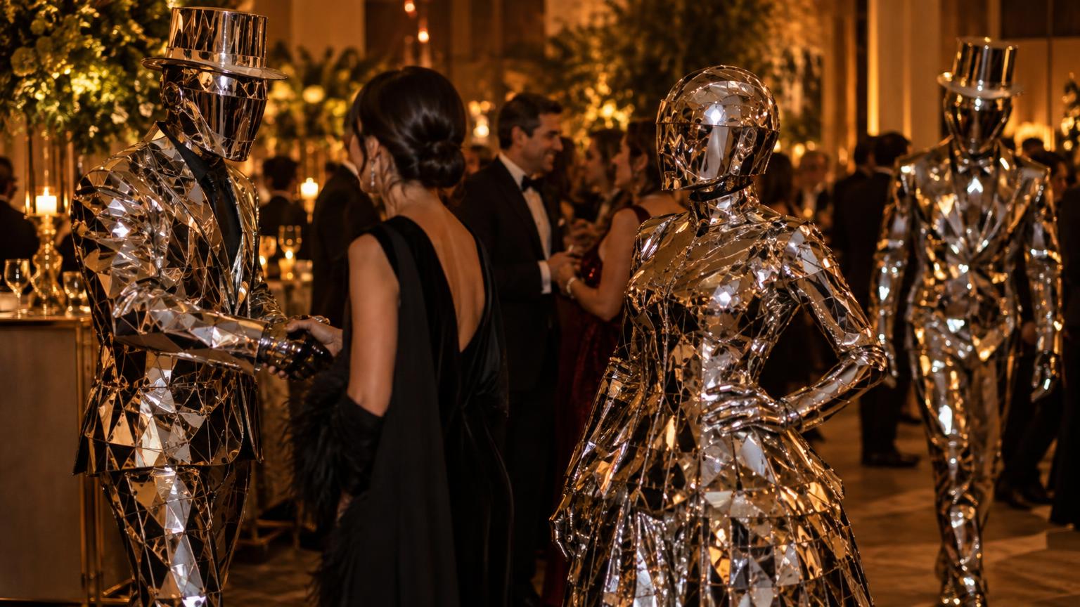 Artistas espelhados de figurino prateado refletindo as luzes em recepção de evento elegante