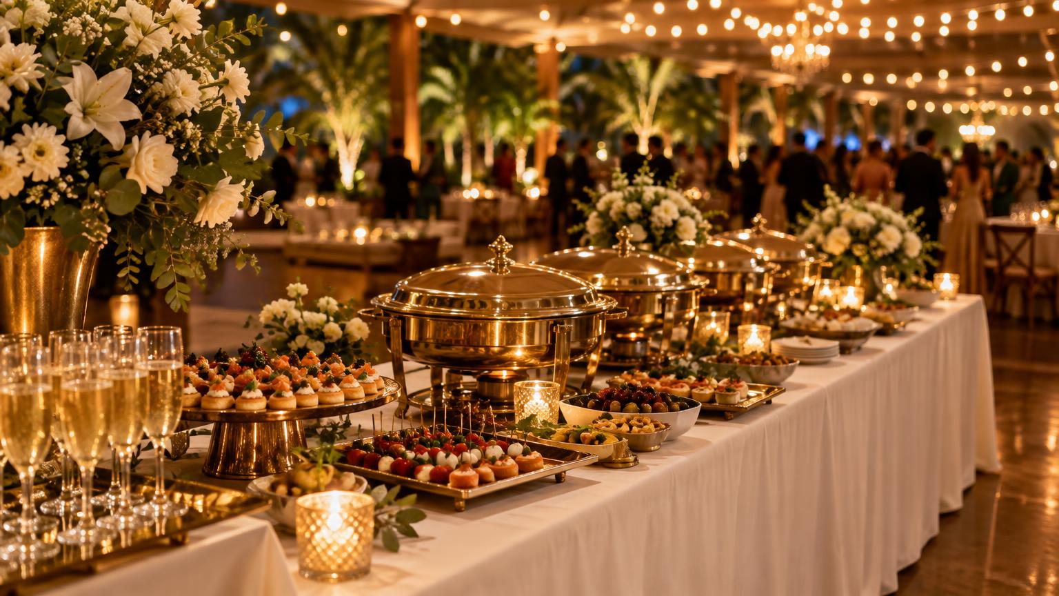 Buffet em São Bernardo do Campo: Como Escolher Certo para Casamento e Festa Infantil Estação de buffet em salão de eventos em São Bernardo do Campo, com mesas postas e luzes quentes