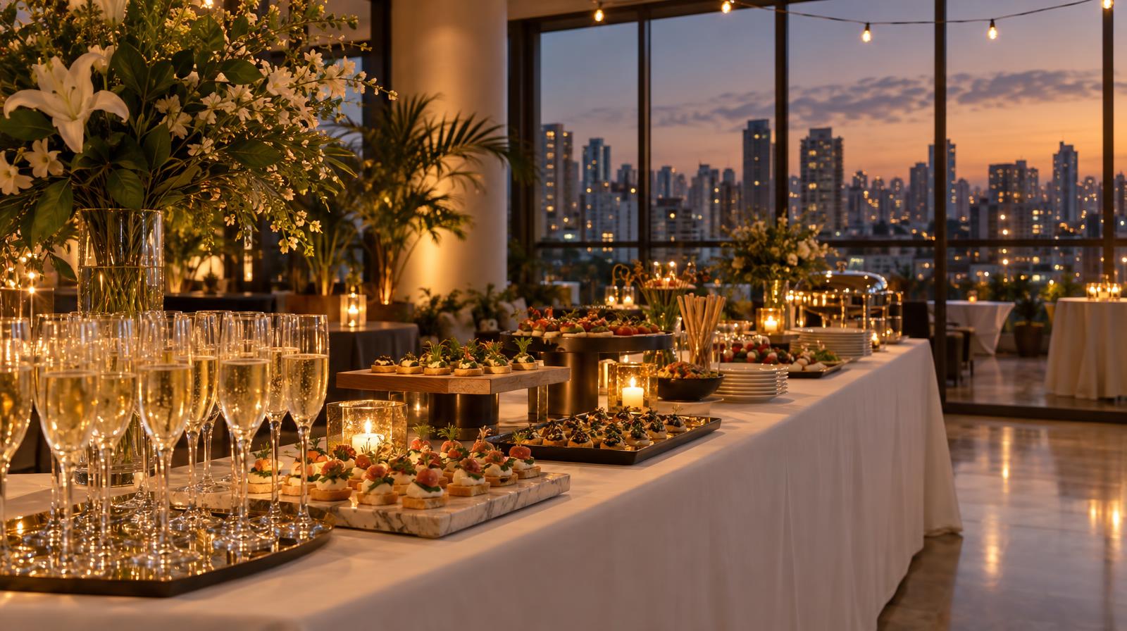 Mesa de buffet em salão de festas com vista do skyline urbano de São Caetano do Sul ao entardecer